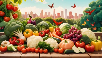 World food safety day with all vegetables foods and all fruits are holding on table behind it a beautiful view and blue sky