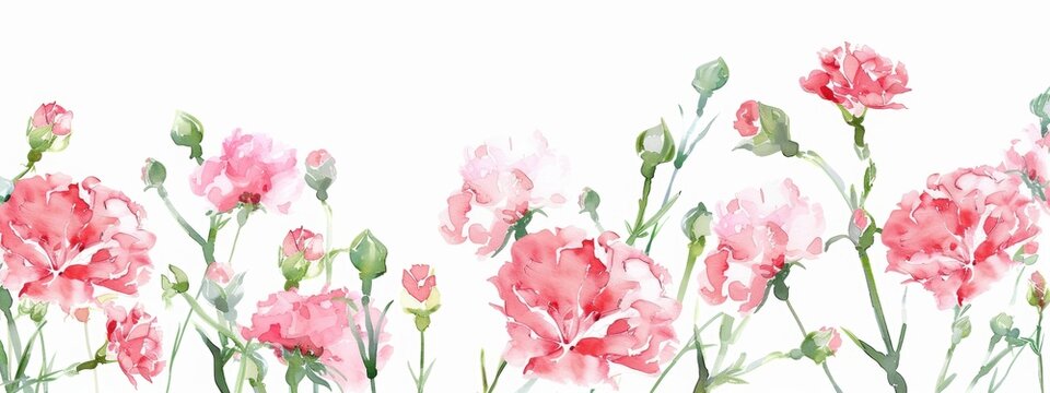 pink carnations border frame on white background, watercolor style.