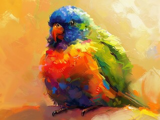 Lighthearted digital painting of a very fat parrot, shown perched contentedly, adorned with vivid, eye-catching colors that capture its endearing and humorous demeanor and nature