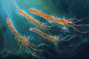 Microbiology Education: An Illustrated Guide to Flagella Movements in Bacterial Organisms - obrazy, fototapety, plakaty