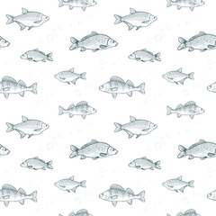 Seamless pattern with fishes. Vector illustration of carp, bream and perch.