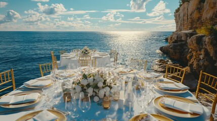A detailed setup of a destination wedding reception on a cliff overlooking the ocean, with a chic...