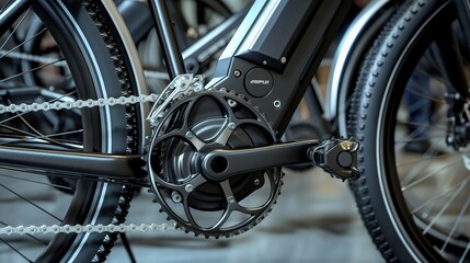 Obraz premium A detailed view of an e-bike's chain drive system and gears, emphasizing the blend of traditional cycling with modern technology.