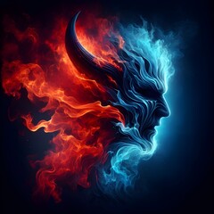 Face of a man made of fire and smoke on a dark background