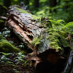 Fototapeta premium A closeup of a decaying log in a temperate forest, illustrating the role of decomposition in nutrient cycling