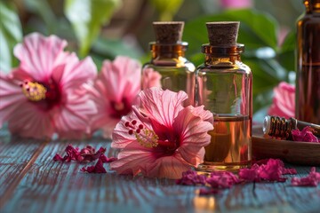 A bottle of essential oil and flowers on a wooden table.