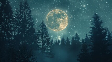 Fototapeta premium A night sky with a bright full moon and twinkling stars above silhouetted trees.