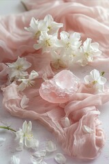 Pink silk and white flowers on a table.