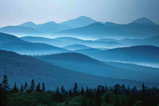 Layers of Blue Mountains in Adirondack: Captivating Nature Landscape with Fog and Morning Sky