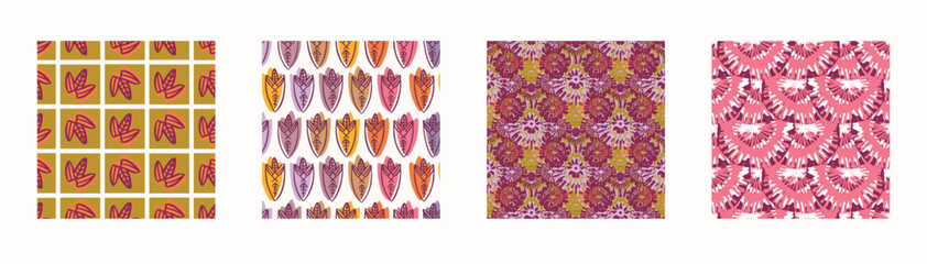 Retro botanical vector pattern collection in elegant style. Luxury print textur for beautiful feminine seamless wallpaper decor. Multicolor 70s set leaf design. 