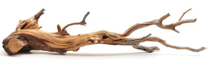 Isolated Driftwood Branch on White Background - Sea Aged Wood from Tree Trunk
