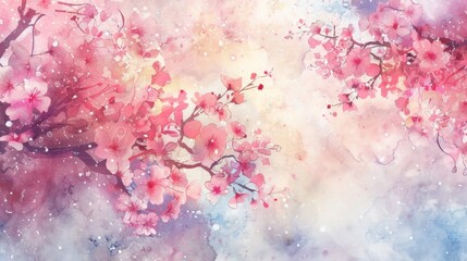cherry blossom, watercolor background, pastel colors, pink and red in the style of various artists.