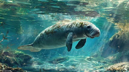 Fototapeta premium Graceful West Indian Manatee Swimming in Clear Weekie Wachie Springs Underwater - Art