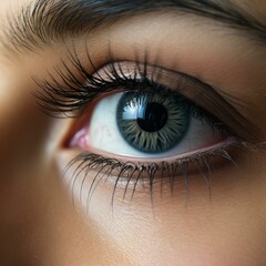 Close-up of a woman's green eye with long black eyelashes