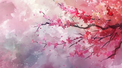 cherry blossom, watercolor background, pastel colors, pink and red in the style of various artists. - obrazy, fototapety, plakaty