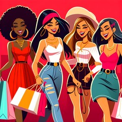 Group of beautiful young women with shopping bags. Vector illustration in cartoon style.