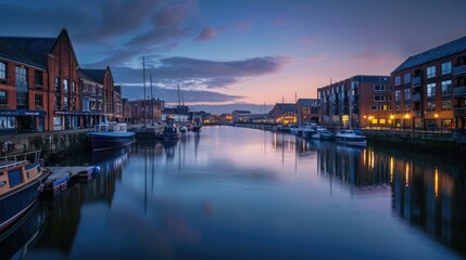 Fototapeta premium Docks at Dusk: A Stunning City Landscape with Blue Canal Basin and Architecture
