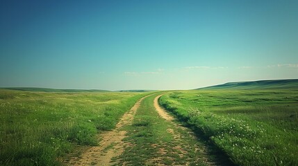 Fototapeta premium dirt road through a lush green grassy field on a clear day
