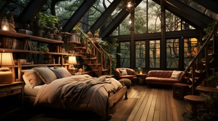 Fototapeta premium A cozy cabin nestled in the woods with a bedroom and living area