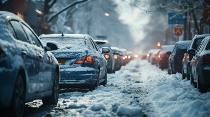 Cars stuck in snow on a city street