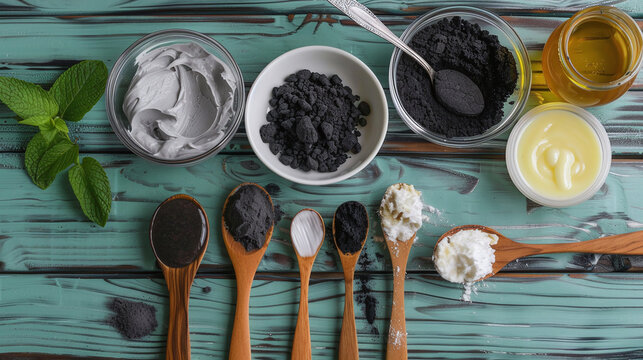 flat lay top view of Ingredients to make activated charcoal toothpaste on wood table 