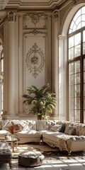 Fototapeta premium Ornate living room with a large arched window and a seating area