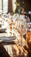 Fototapeta premium Crystal wine glasses on a wooden table set for a dinner party