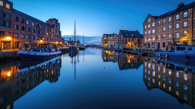 Gloucester Docks at Dusk: Stunning City Landscape with Boats, Brick Buildings, and Blue Canal Water