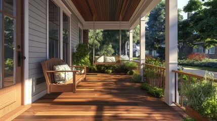 A front porch renovation with new wooden flooring, railings, and a swing, inviting a warm and friendly curb appeal.