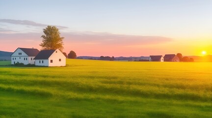 Obraz premium Wide green field with farm buildings during sunset