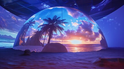 A futuristic VR dome with projections of exotic destinations, offering a 360-degree immersive travel experience.