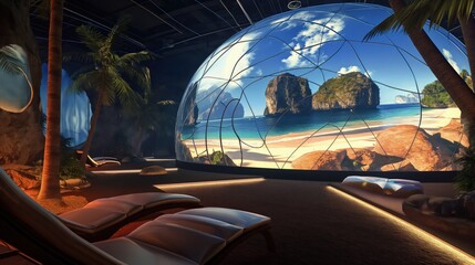 A futuristic VR dome with projections of exotic destinations, offering a 360-degree immersive travel experience.