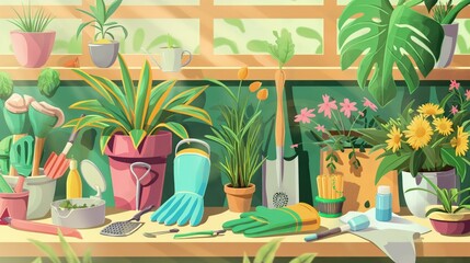 Fototapeta premium A gardening scene with tools and products like masks and gloves designed to protect from pollen while gardening.
