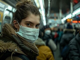Obraz premium A young woman wearing a mask on a crowded subway train