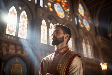 Obraz premium A man in medieval clothing is standing in a church.