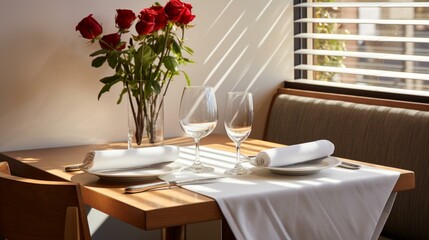 A table set for two with a vase of red roses