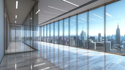 Office interior with large windows and Manhattan skyline view