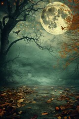 Mystical moonlit forest with a large tree and a full moon