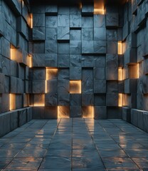 Dark 3D room with glowing orange squares