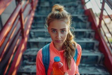 Fototapeta premium Electrolyte Replenishment - Tired Woman Refreshes with a Healthy Drink After Outdoor Workout