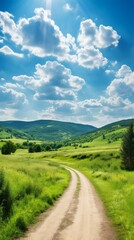 Countryside dirt road through green fields under blue sky with clouds