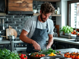 Young male chef in grey apron chopping greens in the kitchen