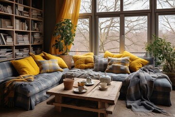 A cozy living room with a large sectional sofa, coffee table, and bookshelves.