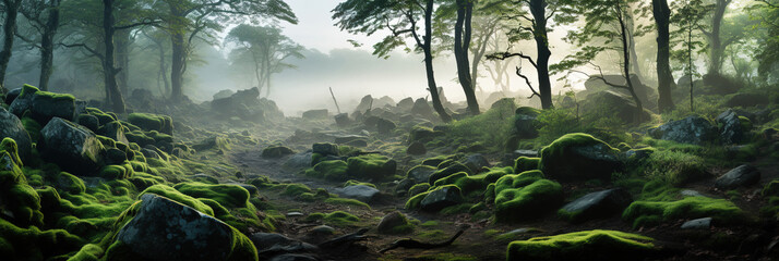 The dense, slumberous forest with trees among moss-covered stones in the morning mist, panorama