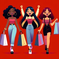 Happy young women with shopping bags. Vector illustration in cartoon style.