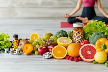 A variety of fruits and vegetables are arranged on a table with a stethoscope and pill bottles. A woman in the background is meditating. - Powered by Adobe