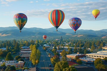 Naklejka premium Experience the Thrill of Flying High Over Grants Pass! Six Hot Air Balloons in Flight 