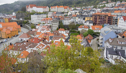 Houses and red roofs in Skutevik in Bergen city