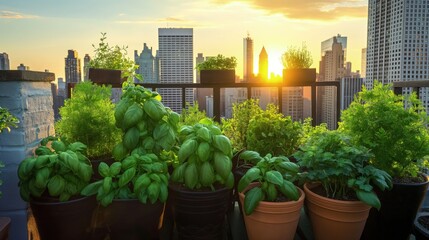 A lush balcony garden with a variety of potted herbs like basil, mint, and cilantro, arranged...