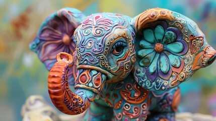 Craft a clay sculpture of an elephant in a unique tilted angle view, incorporating intricate tie-dye designs to add a vibrant and contemporary touch to the traditional medium